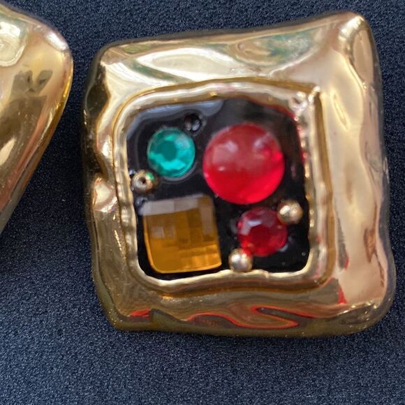 Oversized Vintage Gold Tone Square Sparkling Colourful Clip On Earrings - Picture 3 of 7